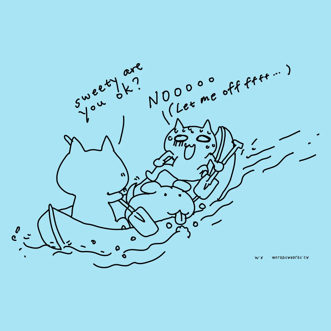 A simple black-and-white line drawing shows two cartoon cats in a canoe on water. The cat in the back is paddling and…