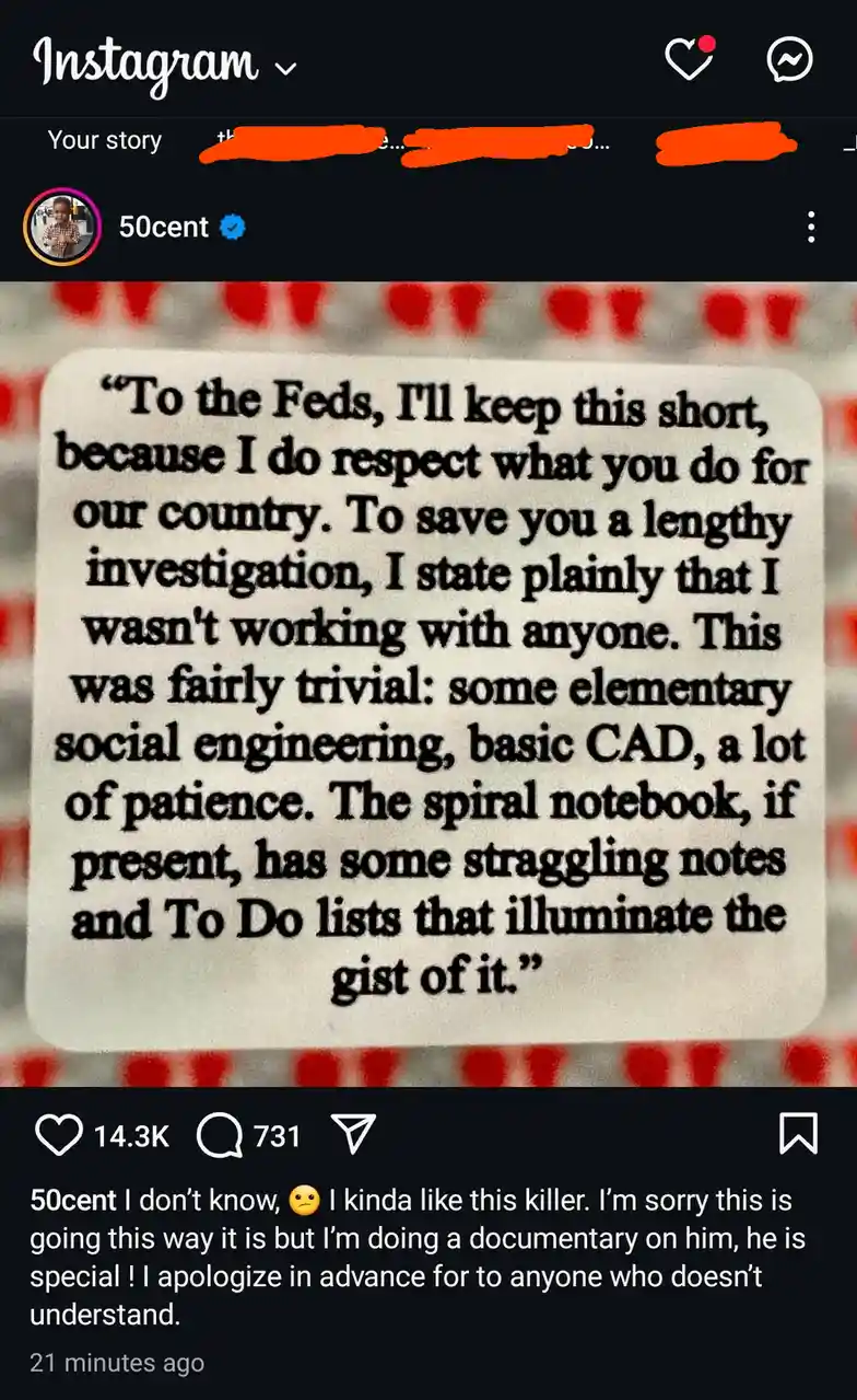 An Instagram story from 50cent shows a typed letter addressed to 'the Feds' claiming responsibility for a crime using only…