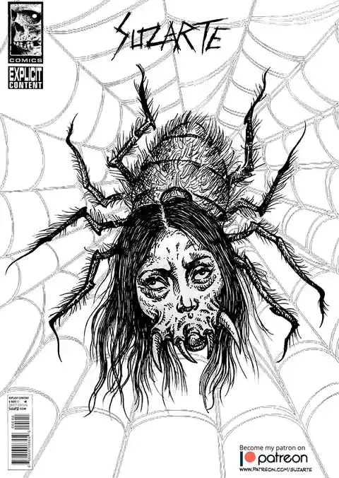 A black-and-white comic book cover by Suzarte features a grotesque, spider-like creature with a human face and long hair…