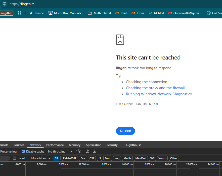 A screenshot of a Chrome browser showing a 'This site can't be reached' error page for libgen.rs, with the error message…