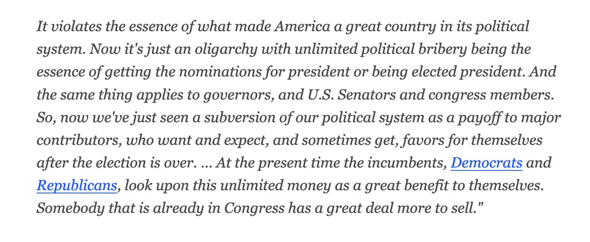 The image displays a block of text in a serif font on a plain white background. The text is a political critique, stating…