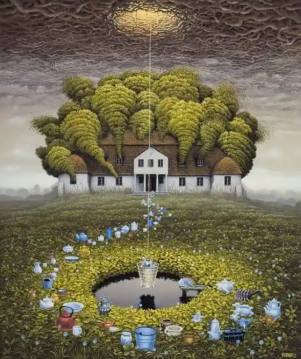A surreal painting depicts a white house with a brown roof, from which numerous green trees grow upward. A rope descends…