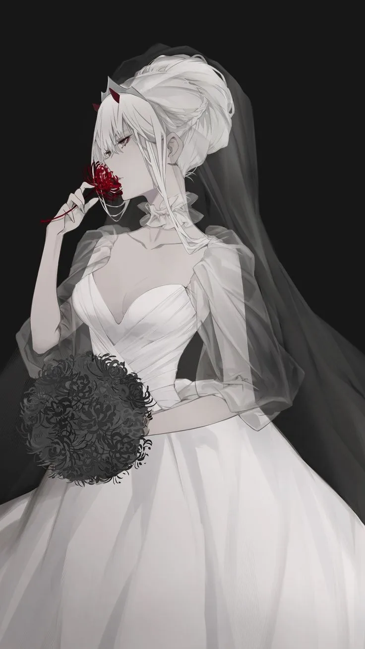 An anime-style illustration of a woman in a white wedding dress and veil, holding a red rose to her lips while carrying a…