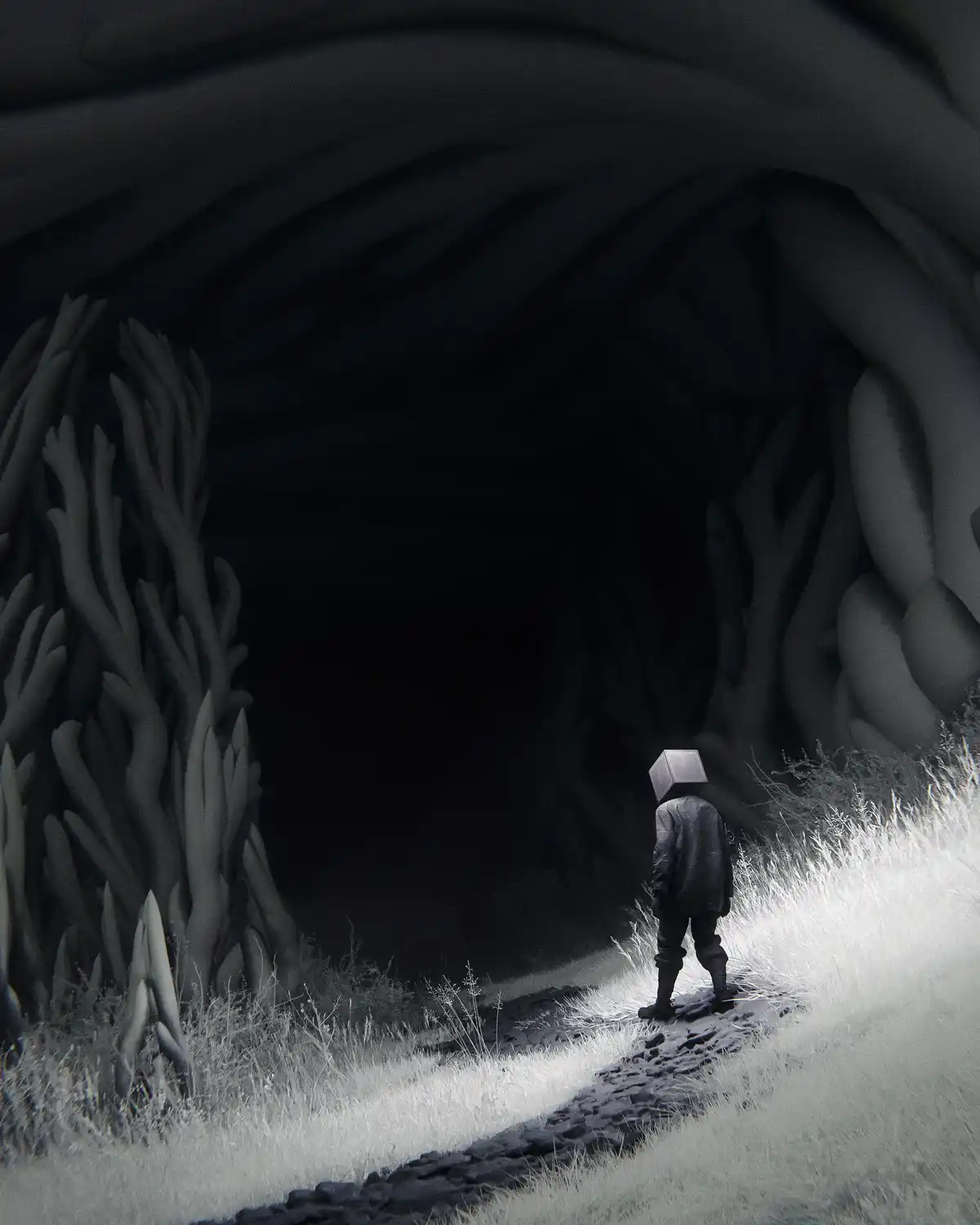 A person with a cube-shaped head stands at the entrance of a dark, cavernous tunnel framed by organic, tree-like structures…