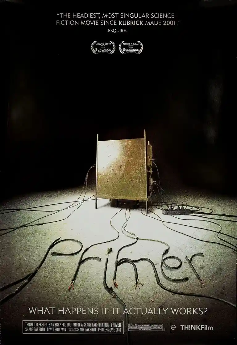 The image is a movie poster for 'Primer,' featuring a large, boxy, metallic device with numerous black wires extending from…