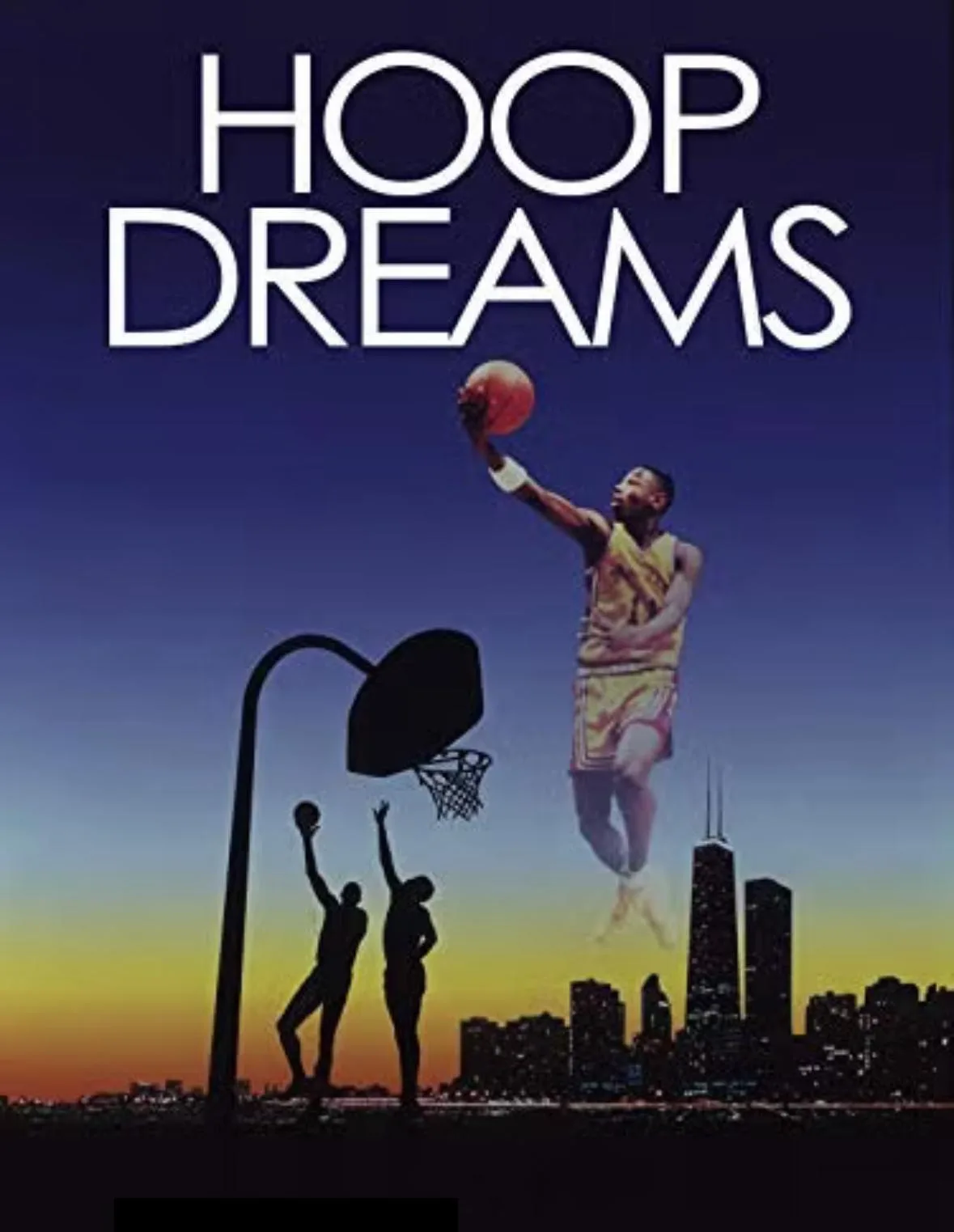 The image is the movie poster for 'Hoop Dreams,' featuring a basketball player mid-air dunking against a city skyline at…