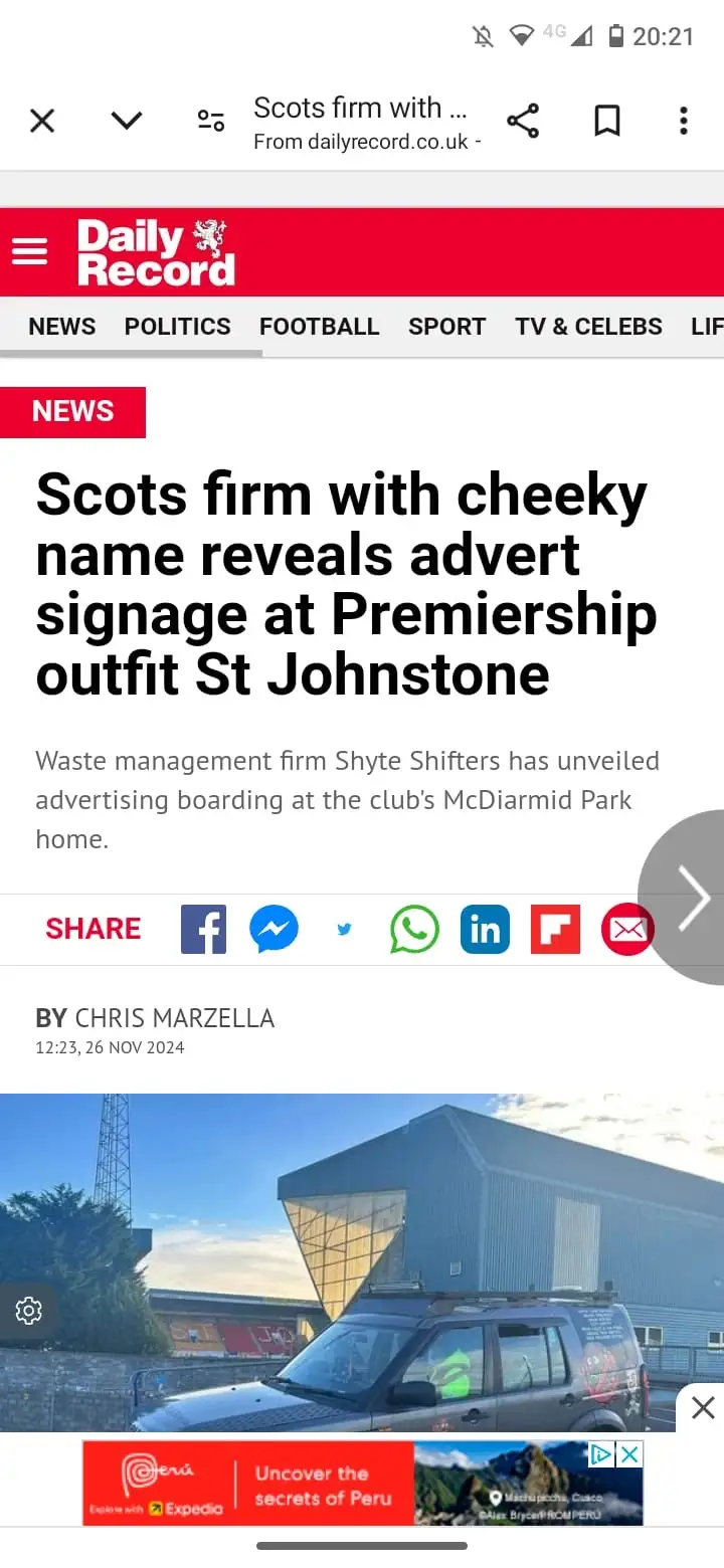 A screenshot of a Daily Record news article about a Scottish waste management company named 'Shyte Shifters' placing…