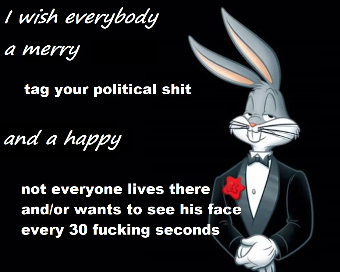 A cartoon rabbit in a tuxedo with a red rose on his lapel stands against a black background. White text overlays the image…