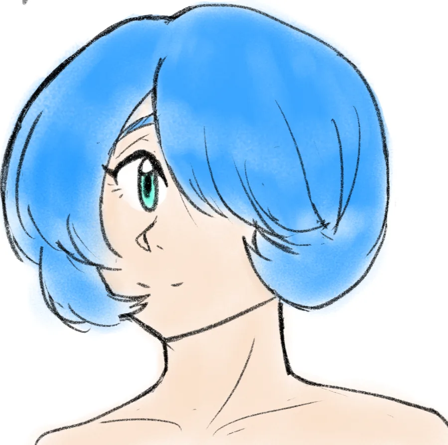 A hand-drawn anime-style illustration shows a character with short, bright blue hair and large green eyes looking sideways…