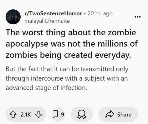 A screenshot of a Reddit post from r/TwoSentenceHorror showing a user named 'malayaliChennaite' with a dark-themed comment…