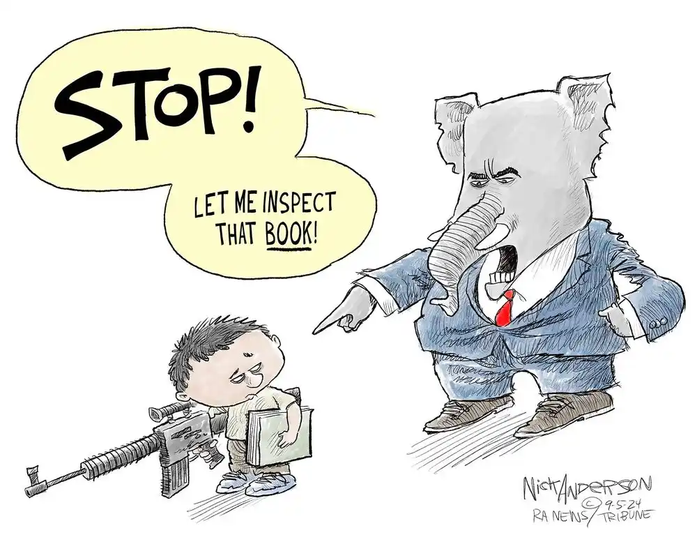 A cartoon depicts a large, angry elephant in a suit pointing at a small child holding a book and a rifle. The elephant has a…