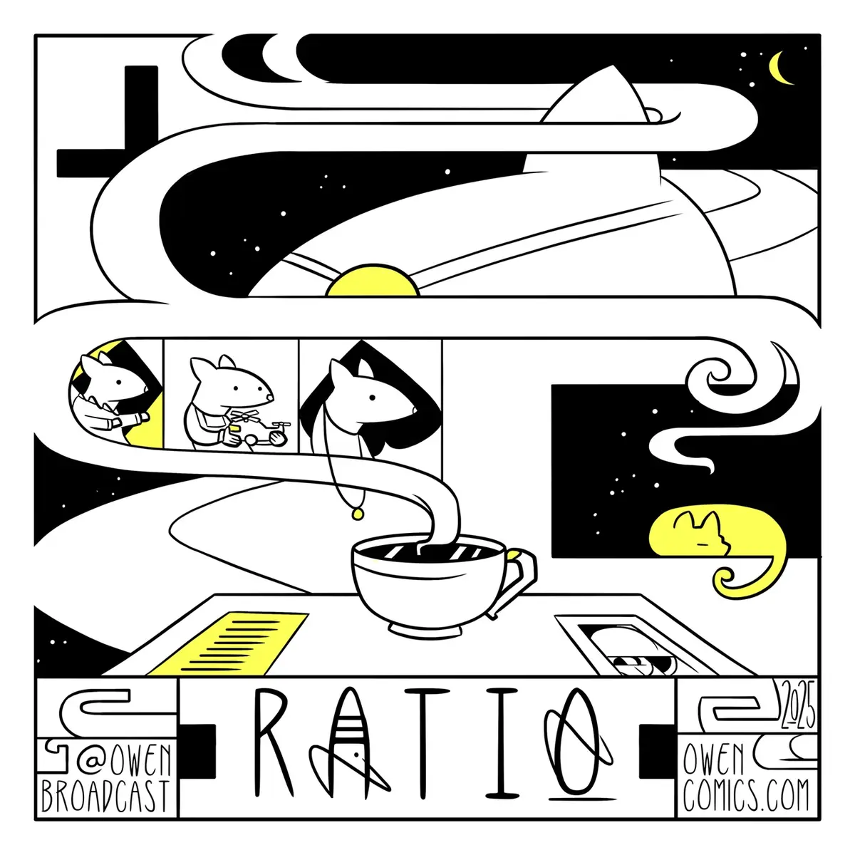 A black-and-white comic strip by Owen Comics shows three mice in a spaceship cockpit, with a coffee cup on the console. A…