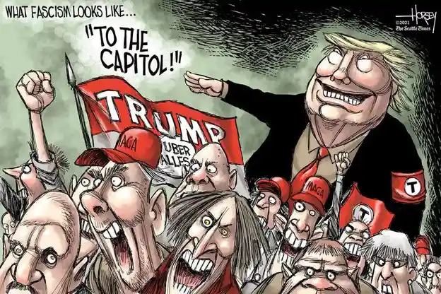A political cartoon depicts a caricature of Donald Trump towering over a crowd of angry supporters, many wearing red MAGA…