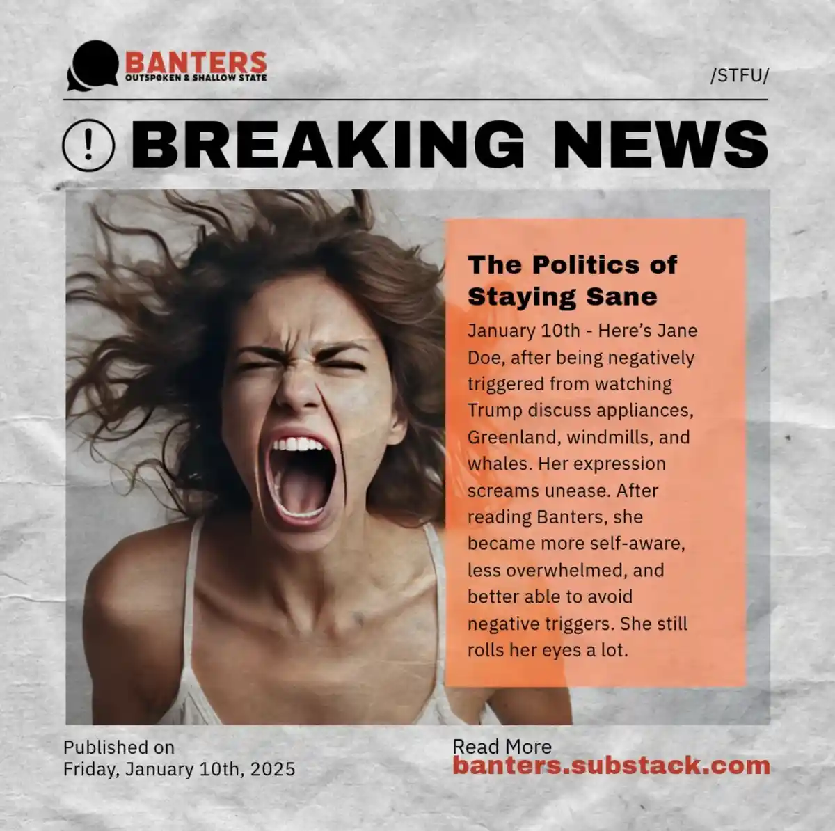 A woman with wild hair and an angry, screaming expression is framed as a breaking news story. The headline reads 'The…