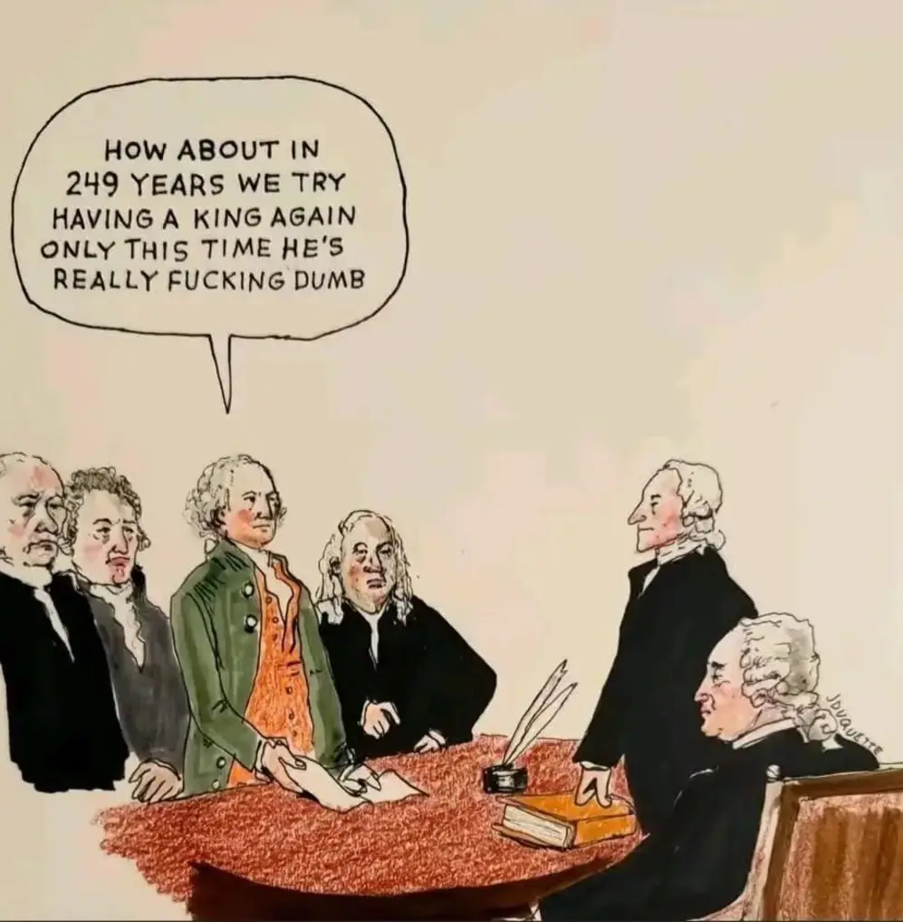 A cartoon depicts seven men in 18th-century colonial-era clothing gathered around a wooden table. One man stands and speaks…