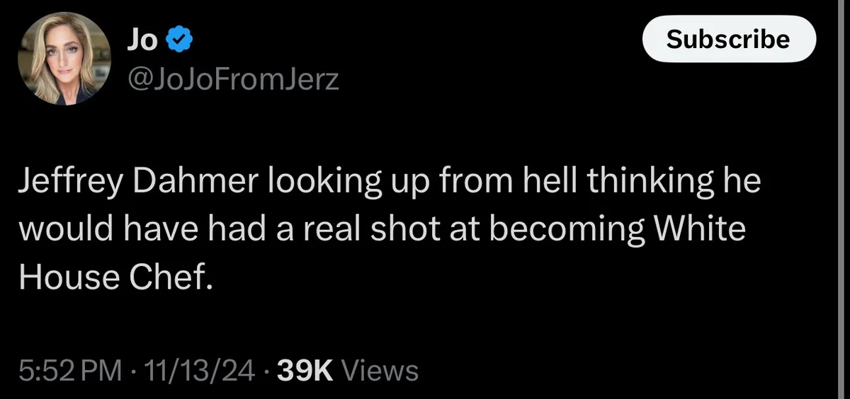 A screenshot of a social media post by user Jo (@JoJoFromJerz) with a black background, a circular profile picture of a…