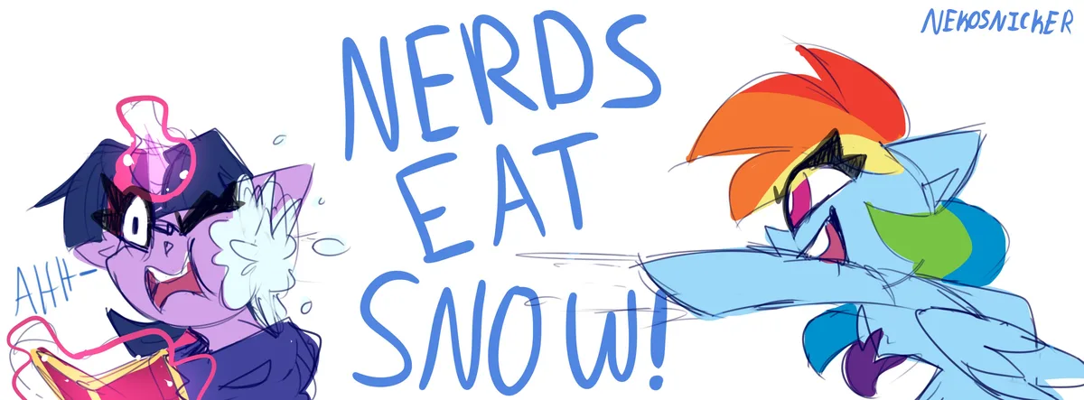 Two cartoon characters, one purple with glasses and a pink bow, and one blue with rainbow hair, are shown reacting to snow…