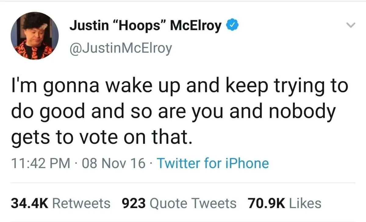 A screenshot of a Twitter post by Justin 'Hoops' McElroy, showing his profile picture, verified badge, handle, and the tweet…