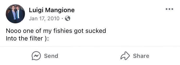A screenshot of a Facebook post from January 17, 2010, by Luigi Mangione. The post features a profile picture of two men and…