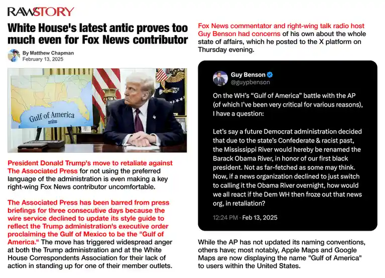 The image displays a news article from 'RawStory' dated February 13, 2025, about President Donald Trump barring the…