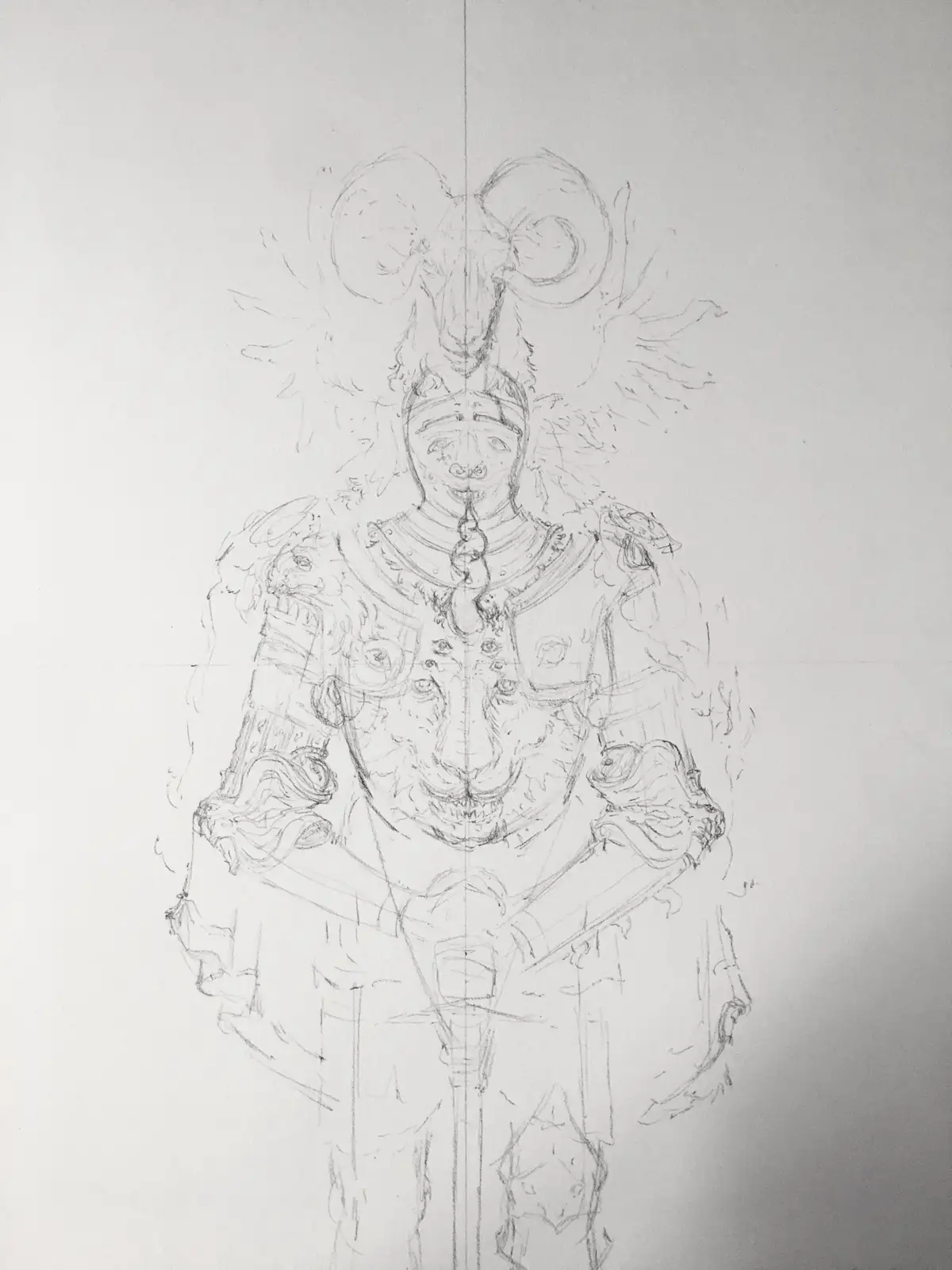 A pencil sketch of a knight in armor with a ram's skull on top and a lion's head on the chestplate, overlaid with the text…