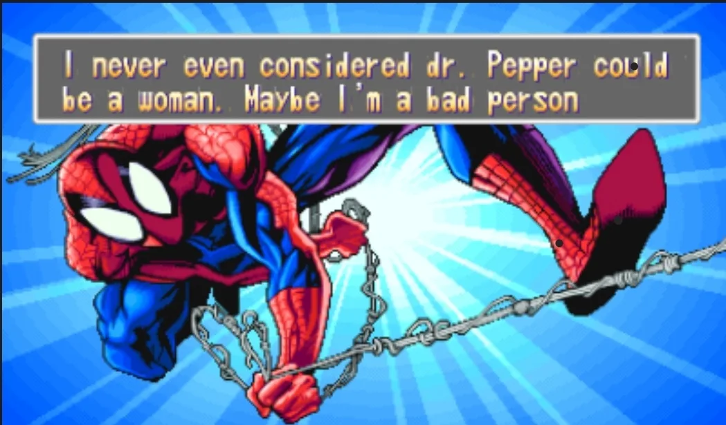 A pixelated Spider-Man from a video game is shown swinging on a chain against a blue radial background, with a text box…
