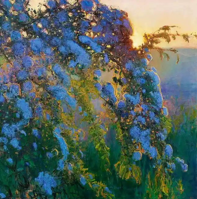 A painting of blue flowers with golden sunlight filtering through, overlaid with the text 'i'm not crying, you're crying'…
