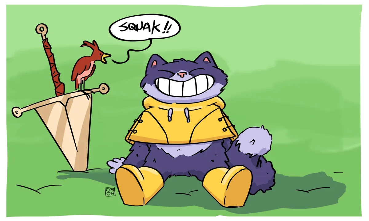 A cartoon purple cat wearing a yellow hooded jacket and boots sits on green grass, grinning widely with its teeth showing. A…