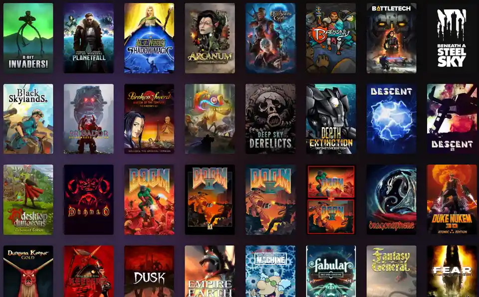 A grid of video game covers, including Doom I through Doom VIII, with the Doom titles stacked vertically in a red-bordered…