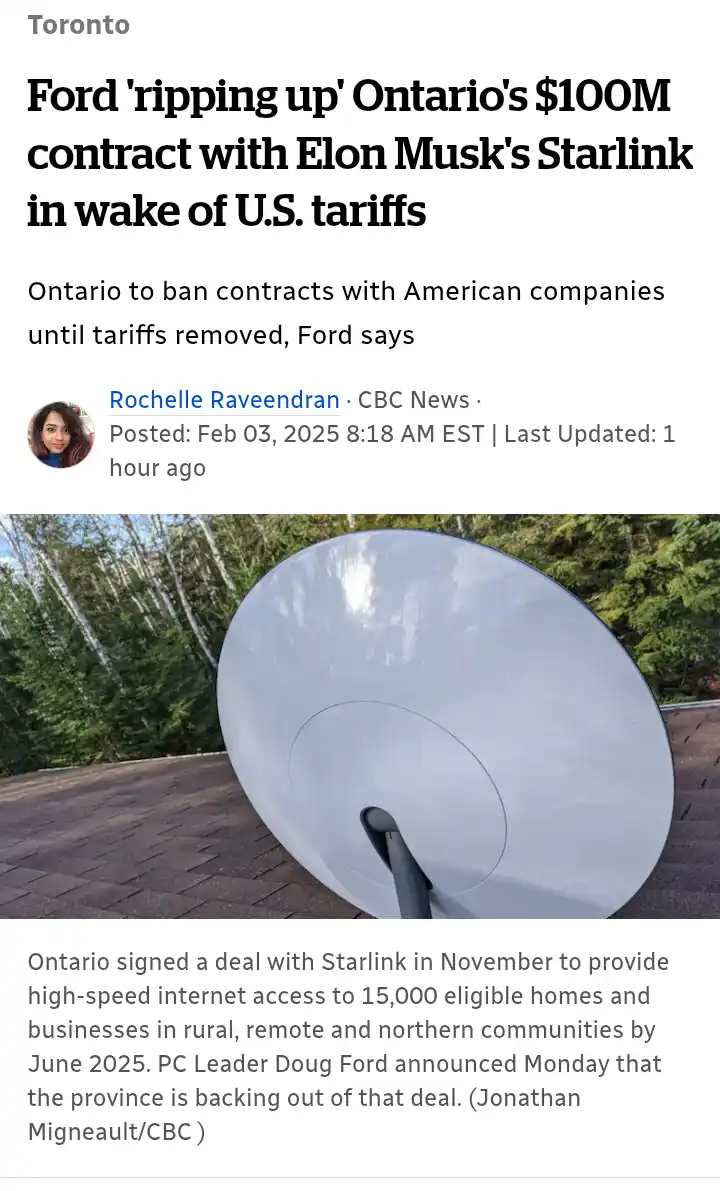 A screenshot of a CBC News article about Ontario Premier Doug Ford canceling a $100 million Starlink contract due to U.S…