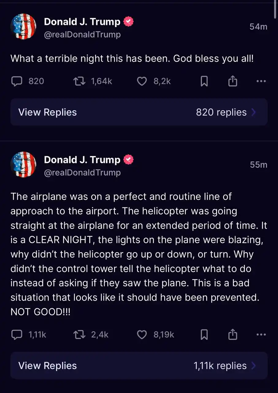 A screenshot of two consecutive tweets from Donald J. Trump's verified Twitter account, showing his reaction to an aviation…