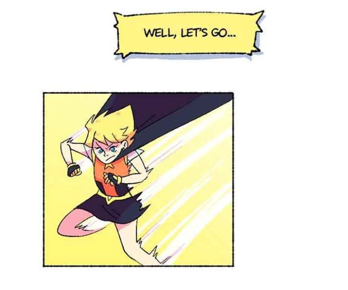 A cartoon character with spiky blonde hair, wearing an orange top and black shorts, is shown running forward with…