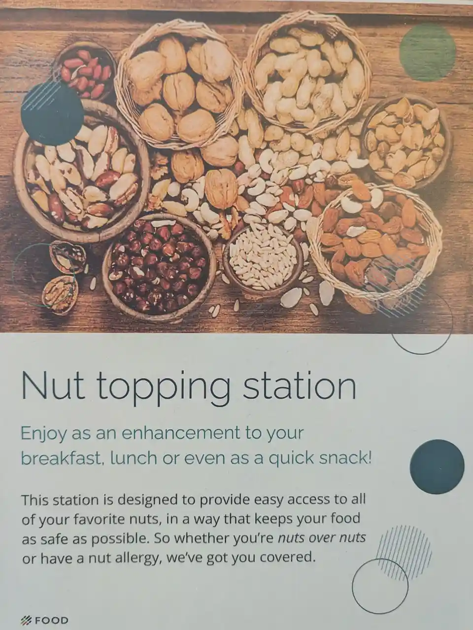 An image of a food station with various nuts in baskets and bowls on a wooden surface, overlaid with text that reads 'Nut…
