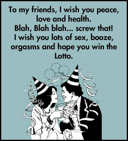 A black-and-white cartoon depicts a smiling man and woman in party hats toasting with champagne glasses, surrounded by…