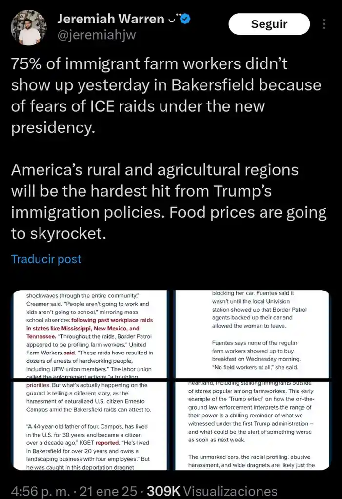A screenshot of a Twitter post by Jeremiah Warren showing a news article about 75% of immigrant farm workers not showing up…