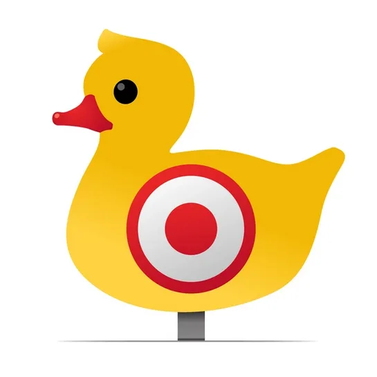 A yellow rubber duck with a red and white bullseye target painted on its side, mounted on a gray stand against a white…