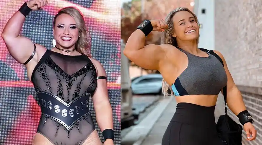 A split image shows a woman flexing her bicep in two different outfits: left, in a black sequined wrestling bodysuit with…