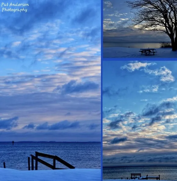 A collage of three winter landscape photos showing snowy scenes with a body of water, a wooden railing, and a picnic table…