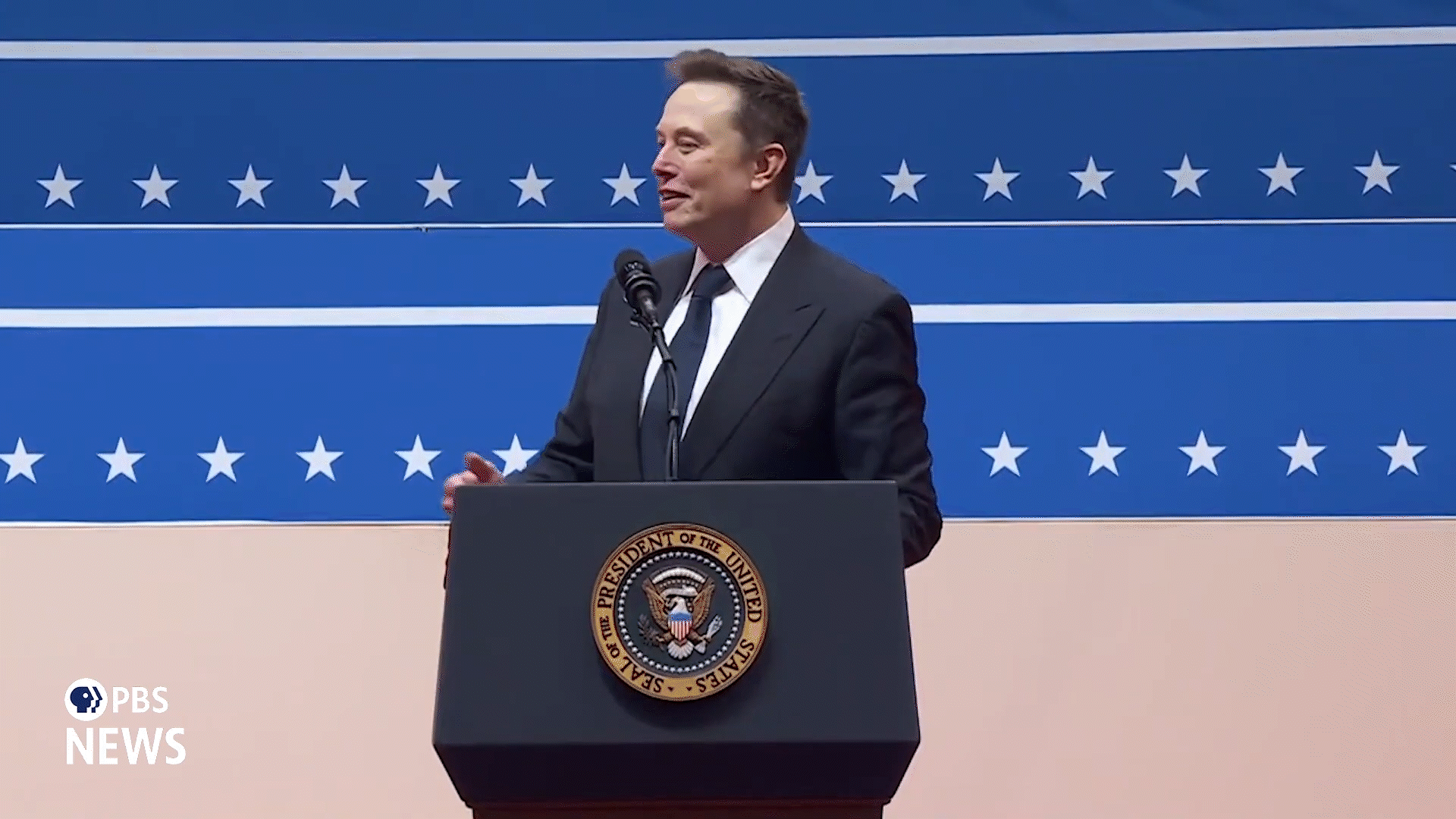The image is a composite of six panels showing Elon Musk at a podium. The first three panels show him speaking in front of a…