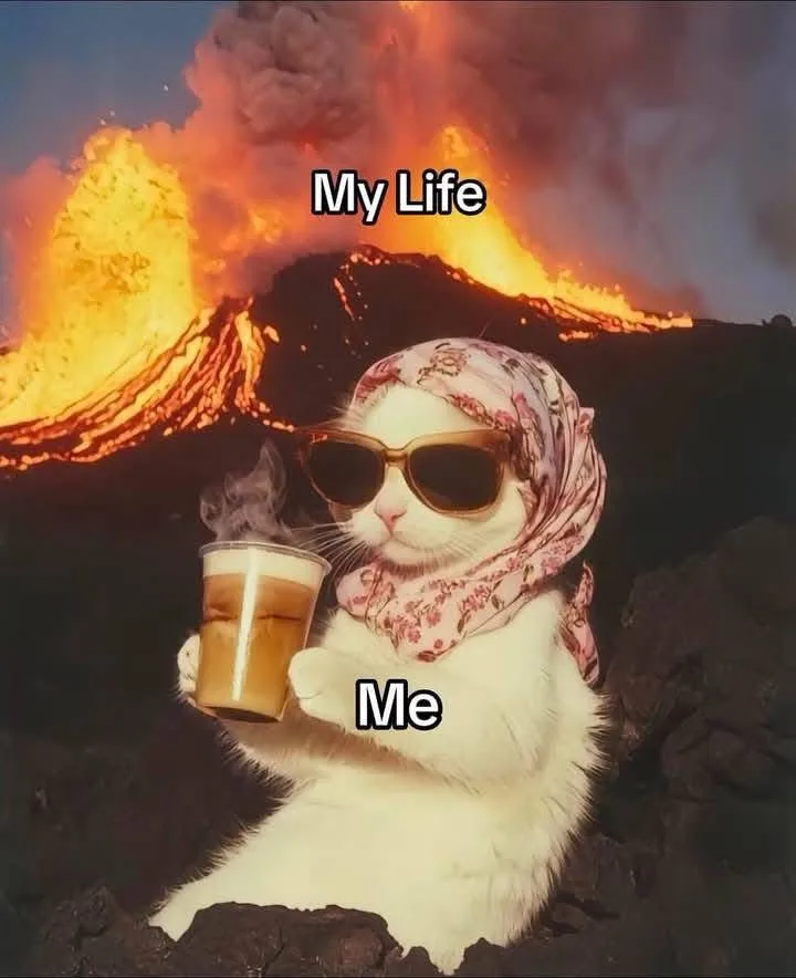 A white cat wearing sunglasses and a floral headscarf sits calmly on volcanic rock, holding a steaming coffee cup, with a…