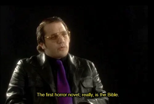 The image displays six panels of a man with glasses, wearing a black leather jacket and a purple tie, against a black…