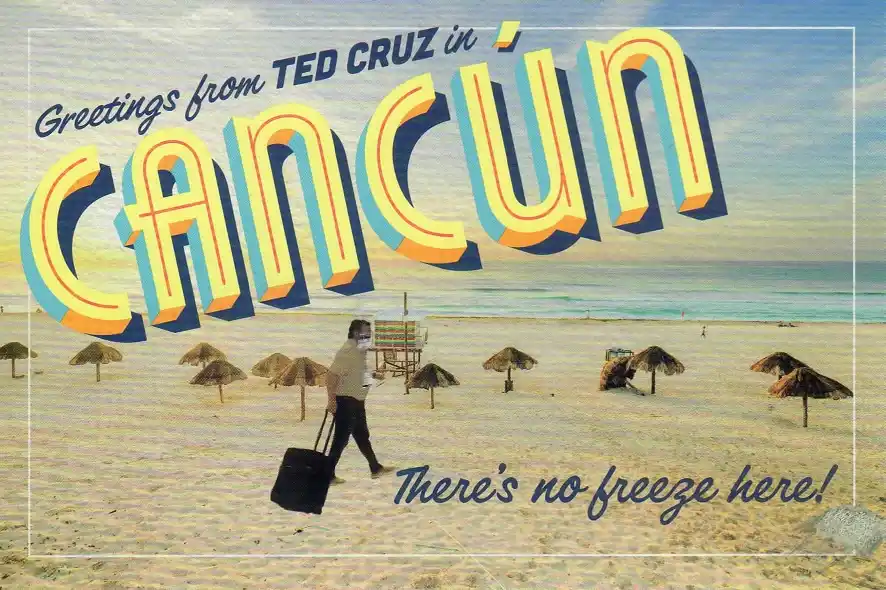 A vintage-style postcard image of a sandy beach with thatched umbrellas and ocean in the background. A man walks across the…