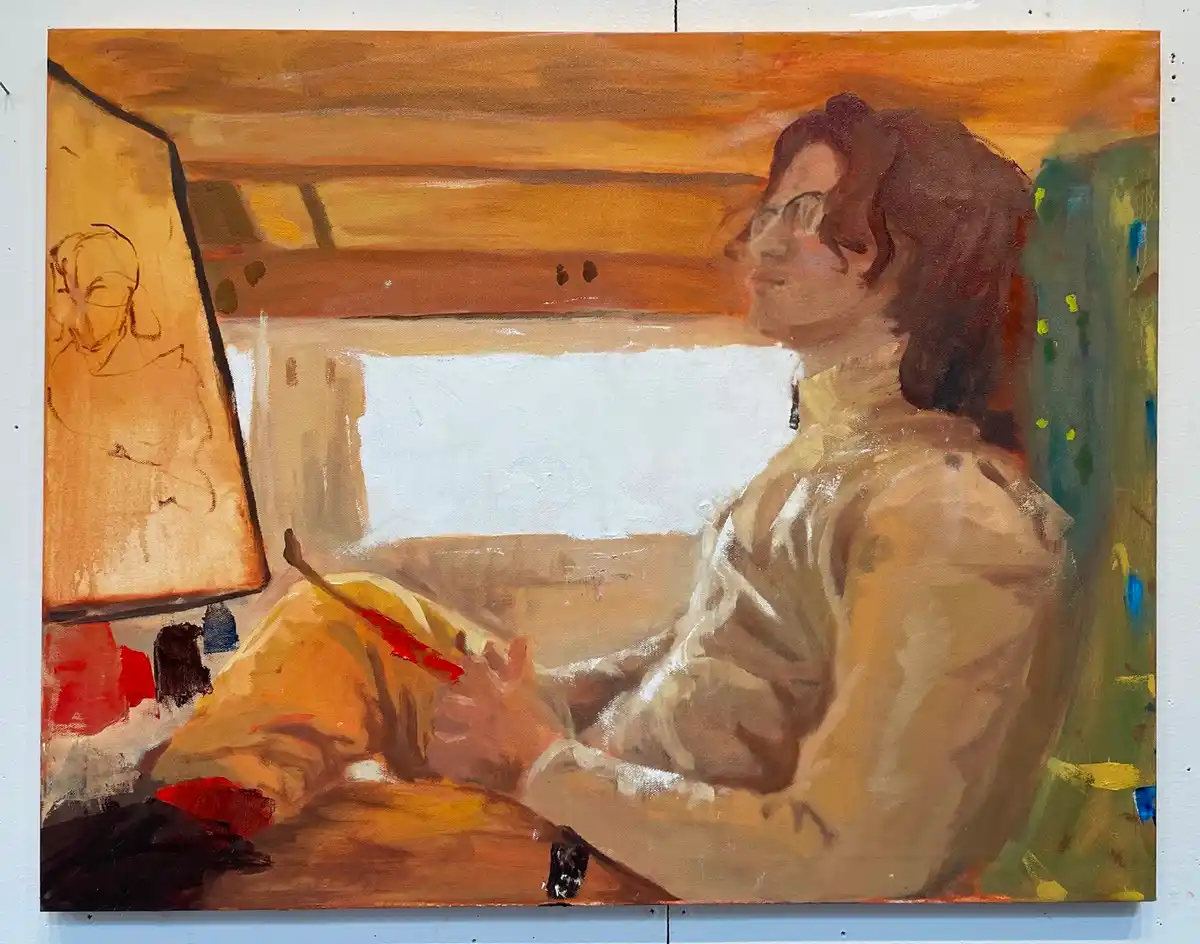 An oil painting depicts a person with glasses sitting at an easel, holding a paintbrush, with a sketch on the canvas. The…