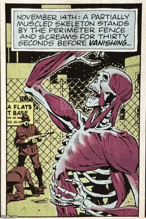 A comic book panel depicts a partially muscled skeleton screaming near a fence while a soldier with a rifle watches. Another…