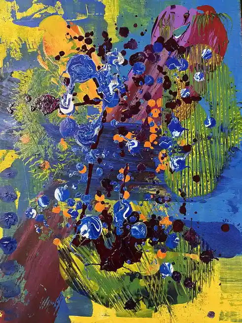A vibrant abstract painting with splashes of blue, yellow, green, red, and purple paint, featuring dynamic brushstrokes and…