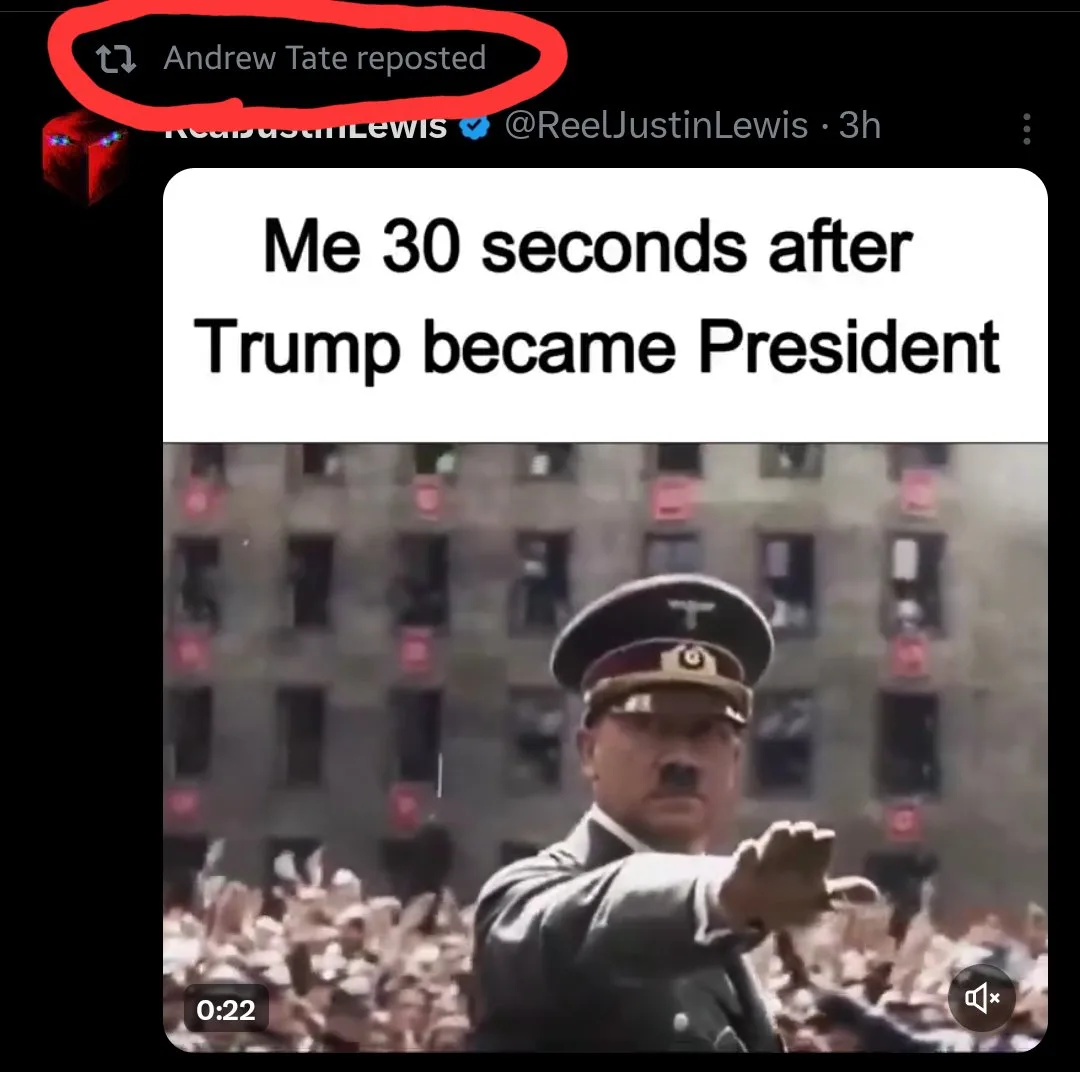 A screenshot of a Twitter post by @ReelJustinLewis showing a video thumbnail with Adolf Hitler pointing forward, overlaid…