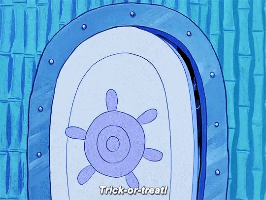 A still from the animated show 'SpongeBob SquarePants' shows three Halloween-costumed characters—Squidward as a pumpkin…