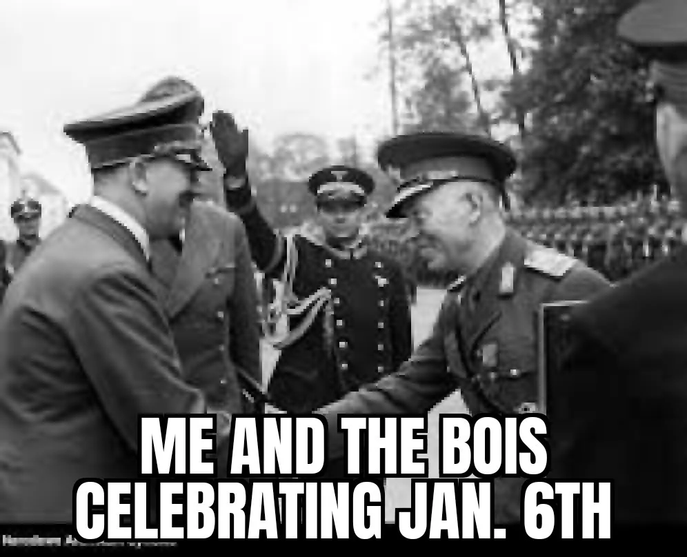 A black-and-white historical photo shows two men in military uniforms shaking hands, with another uniformed man saluting in…