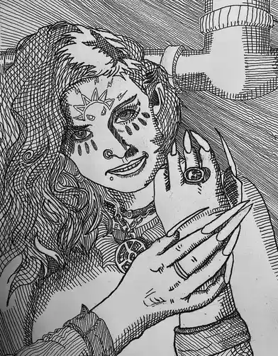 A black-and-white line art drawing depicts a woman with long hair, face paint including a sun symbol and dots, and multiple…