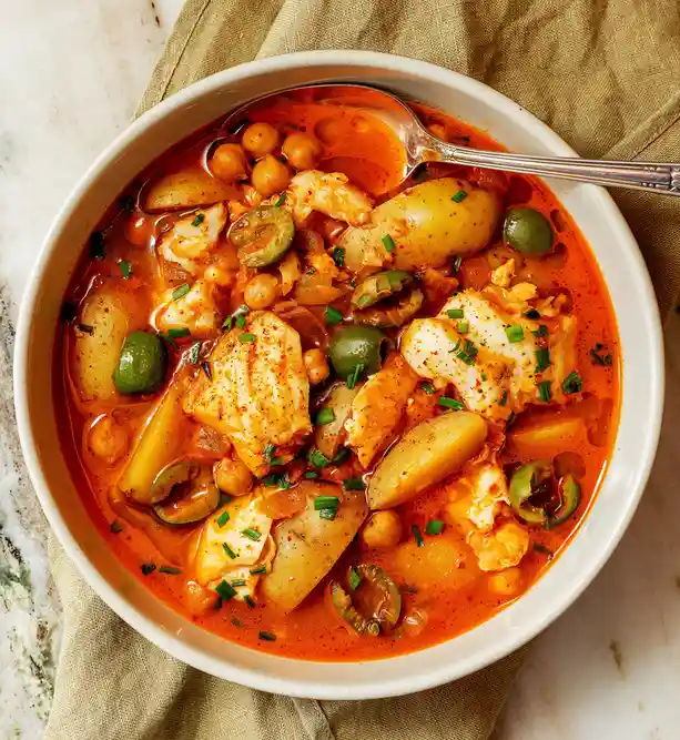 A top-down photograph of a white bowl filled with a vibrant orange-red stew containing chunks of white fish, sliced…